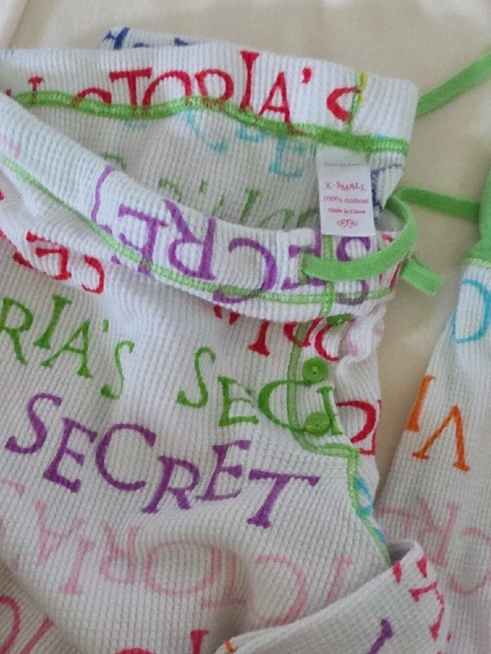 Victoria's Secret White Multicolor Logo Kids Pajama Set with Green Trim